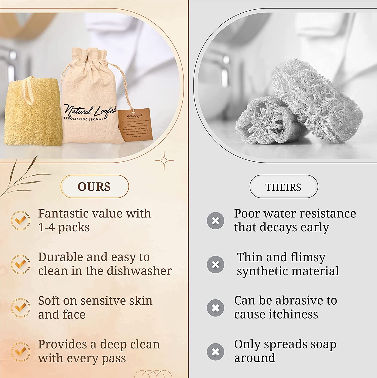 All Natural Loofah Sponge, Pack of 3 Real Egyptian Bath & Shower Exfoliating Loofa Scrubber Sponges for Face, Back & Body, Eco Friendly, No Toxic Chemicals, 6" X 6" by Crafts of Egypt